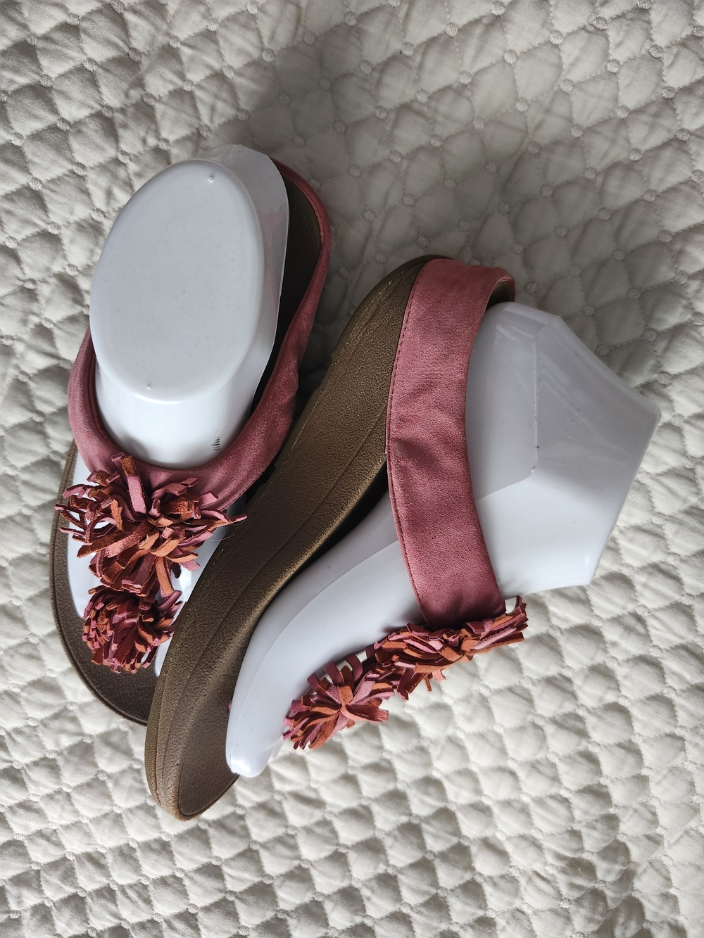 Fitflop Pink Satin Wedge Flip Flops with Floral Pom Detail